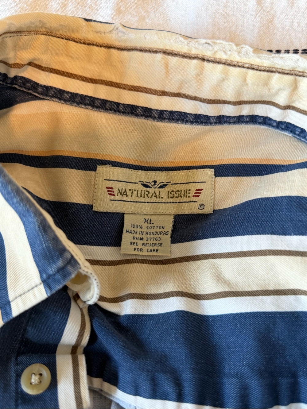 Natural Issue Men’s Vintage Blue and Cream Striped Button-Down Shirt Great Shape
